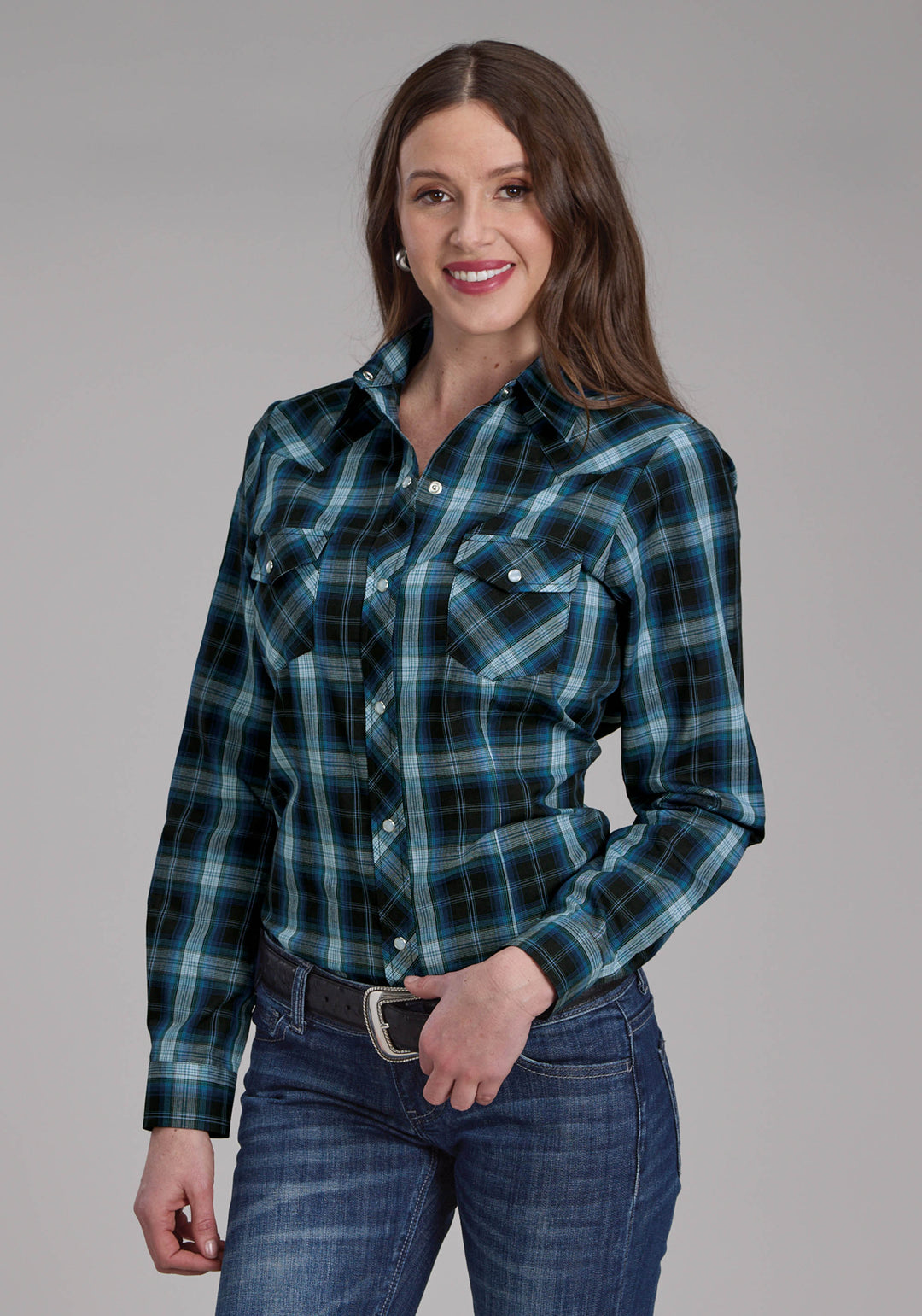 WOMENS MULIT BLUE WINDOWPANE PLAID LONG SLEEVE SNAP WESTERN SHIRT