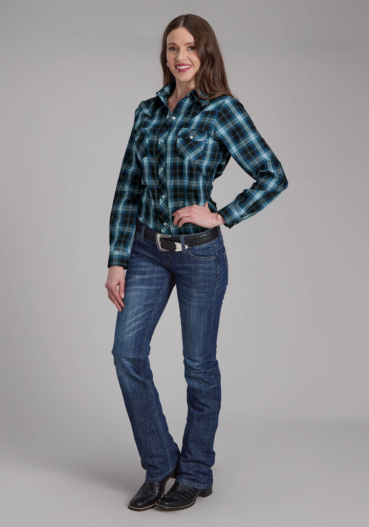 WOMENS MULIT BLUE WINDOWPANE PLAID LONG SLEEVE SNAP WESTERN SHIRT