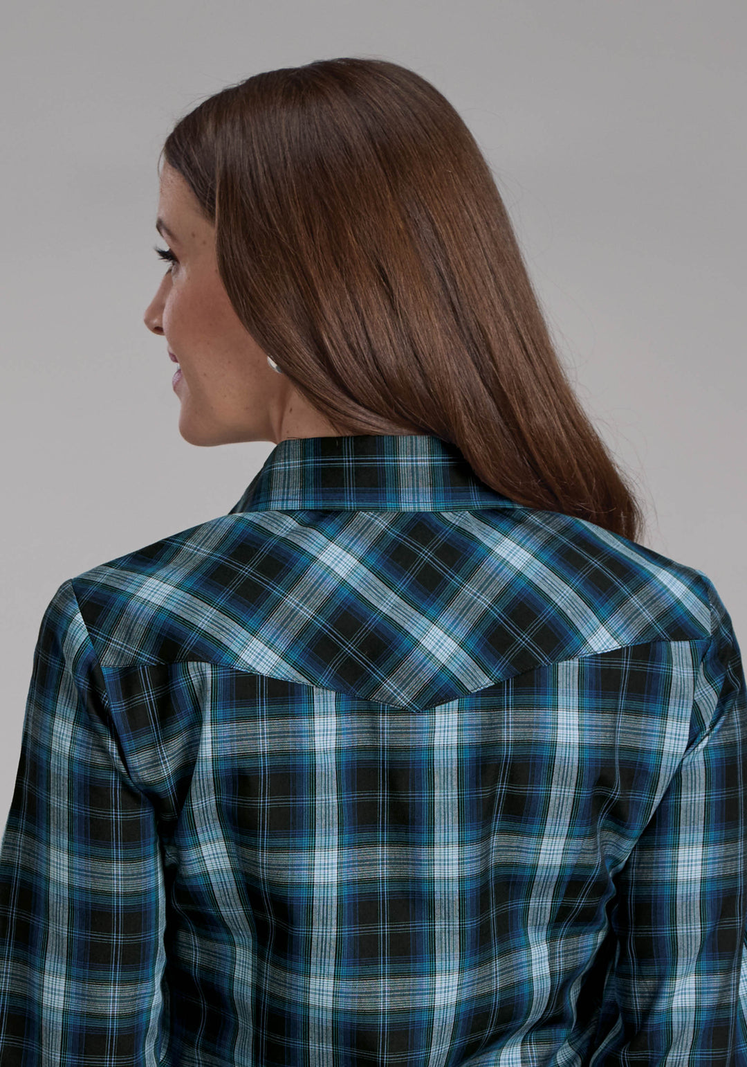 WOMENS MULIT BLUE WINDOWPANE PLAID LONG SLEEVE SNAP WESTERN SHIRT