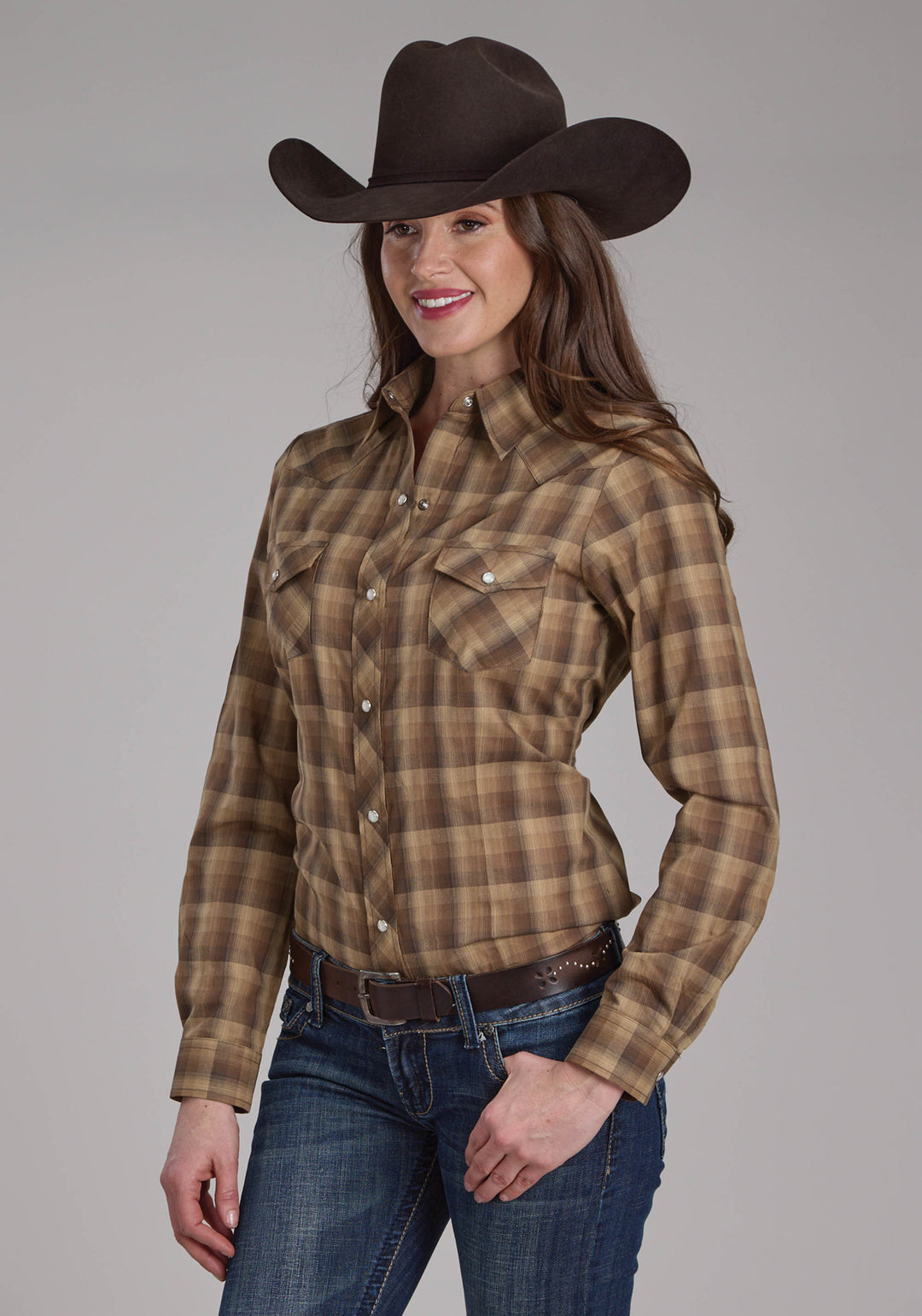 WOMENS BROWN AND TAN OMBRE PLAID LONG SLEEVE SNAP WESTERN SHIRT