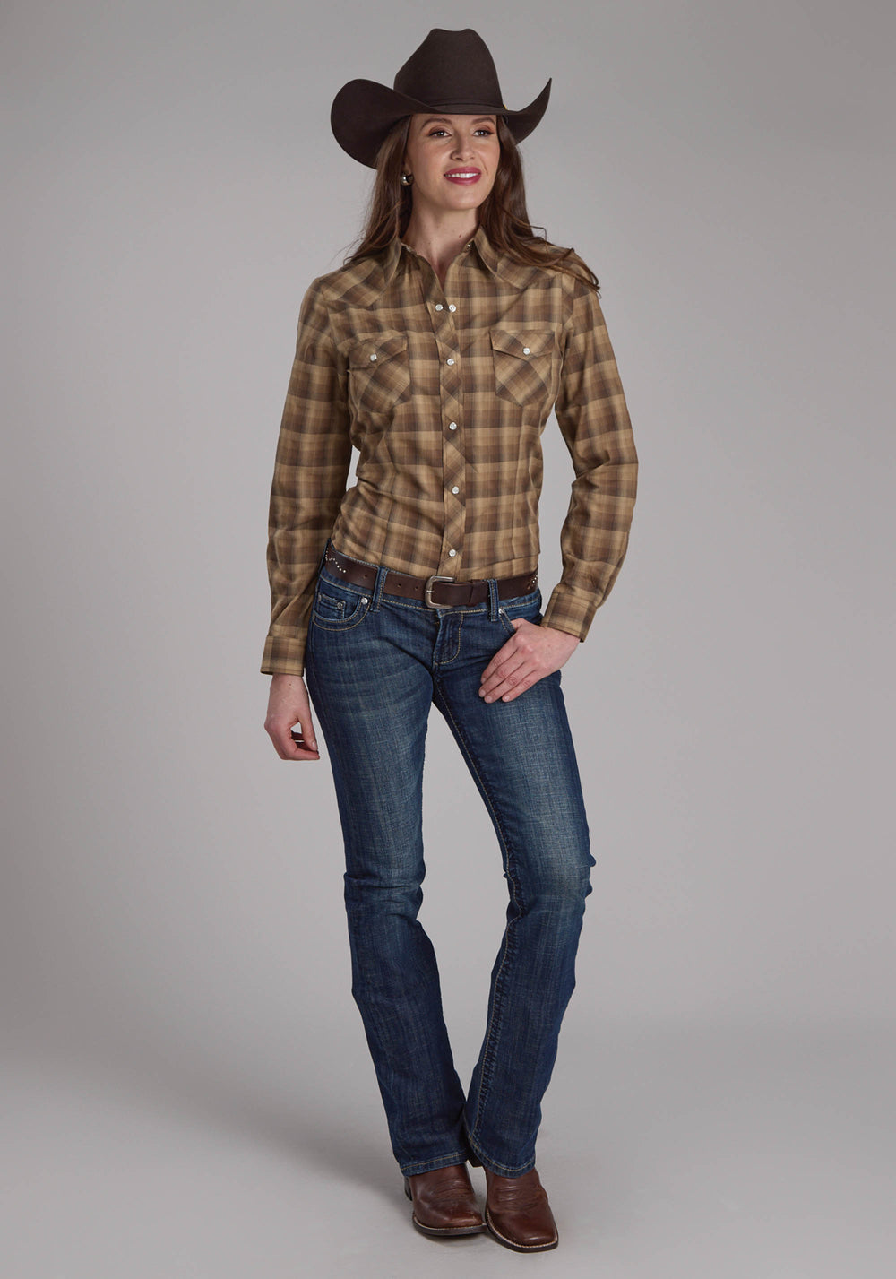 WOMENS BROWN AND TAN OMBRE PLAID LONG SLEEVE SNAP WESTERN SHIRT