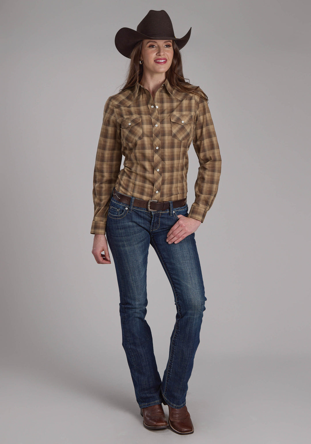 WOMENS BROWN AND TAN OMBRE PLAID LONG SLEEVE SNAP WESTERN SHIRT