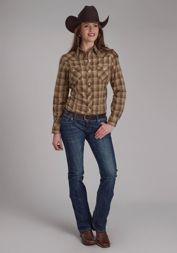 WOMENS BROWN AND TAN OMBRE PLAID LONG SLEEVE SNAP WESTERN SHIRT