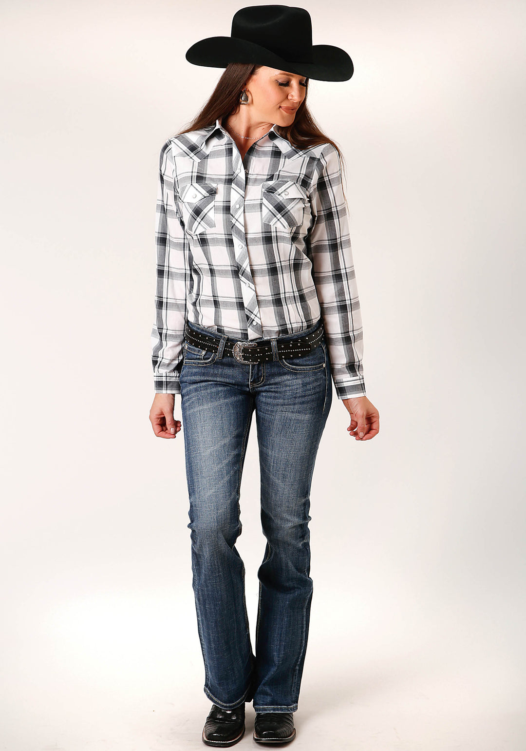 WOMENS LONG SLEEVE SNAP WHITE  BLACK  GREY PLAID WESTERN SHIRT