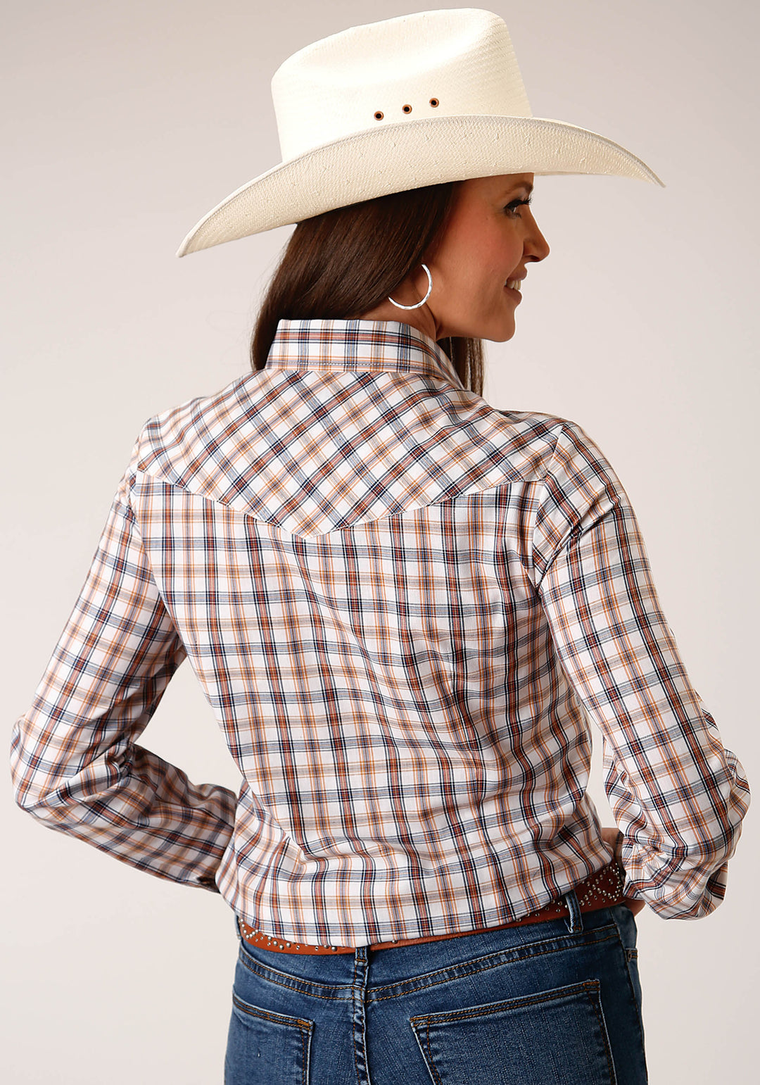 WOMENS LONG SLEEVE SNAP NAVY  GOLD  RUST WINDOWPAIND PLAID WESTERN SHIRT