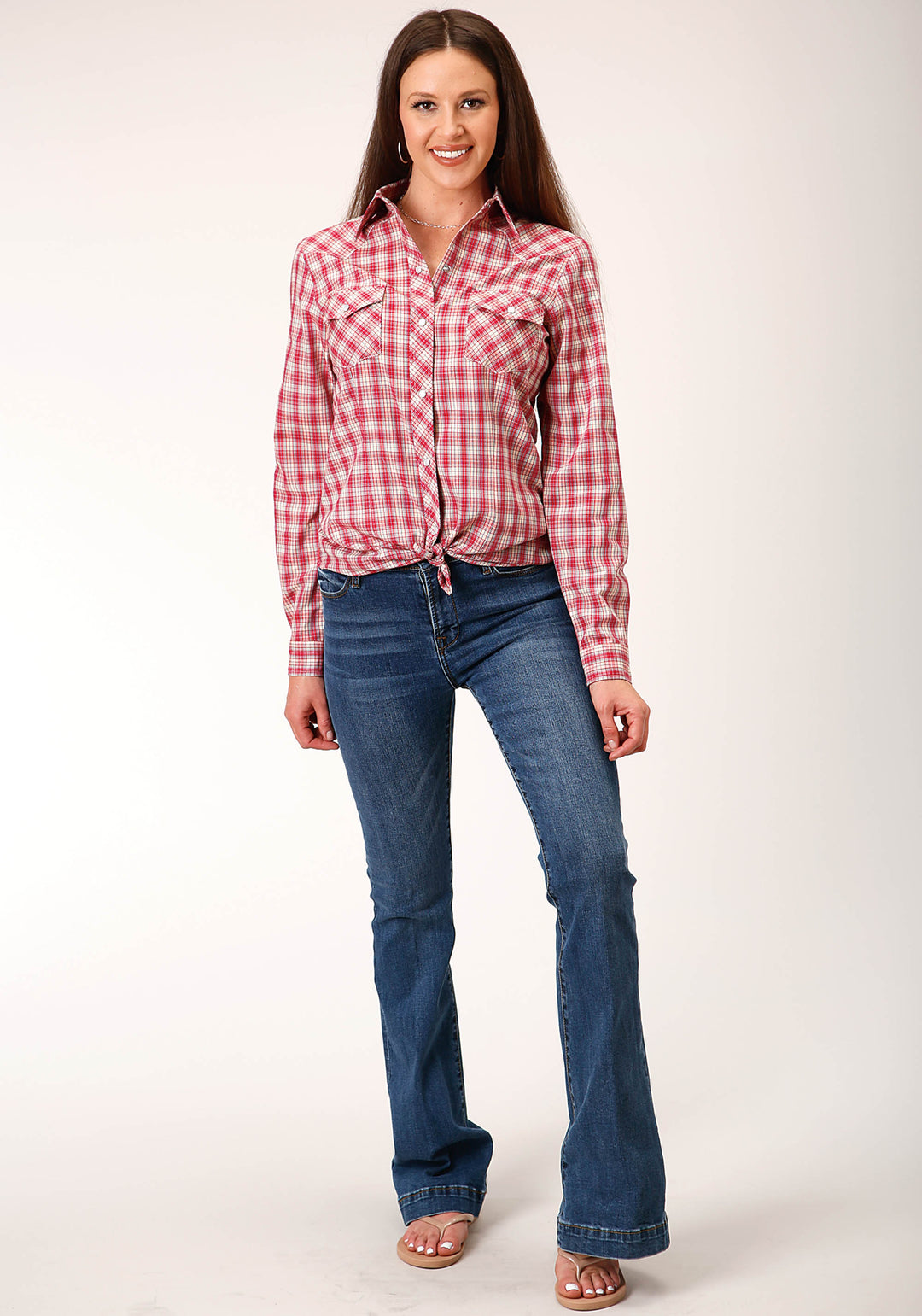 WOMENS LONG SLEEVE SNAP RED AND MULTI COLORED SMALL SCALE WESTERN SHIRT