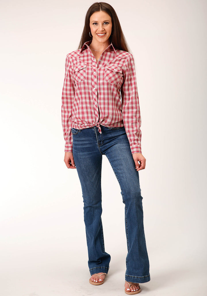 WOMENS LONG SLEEVE SNAP RED AND MULTI COLORED SMALL SCALE WESTERN SHIRT