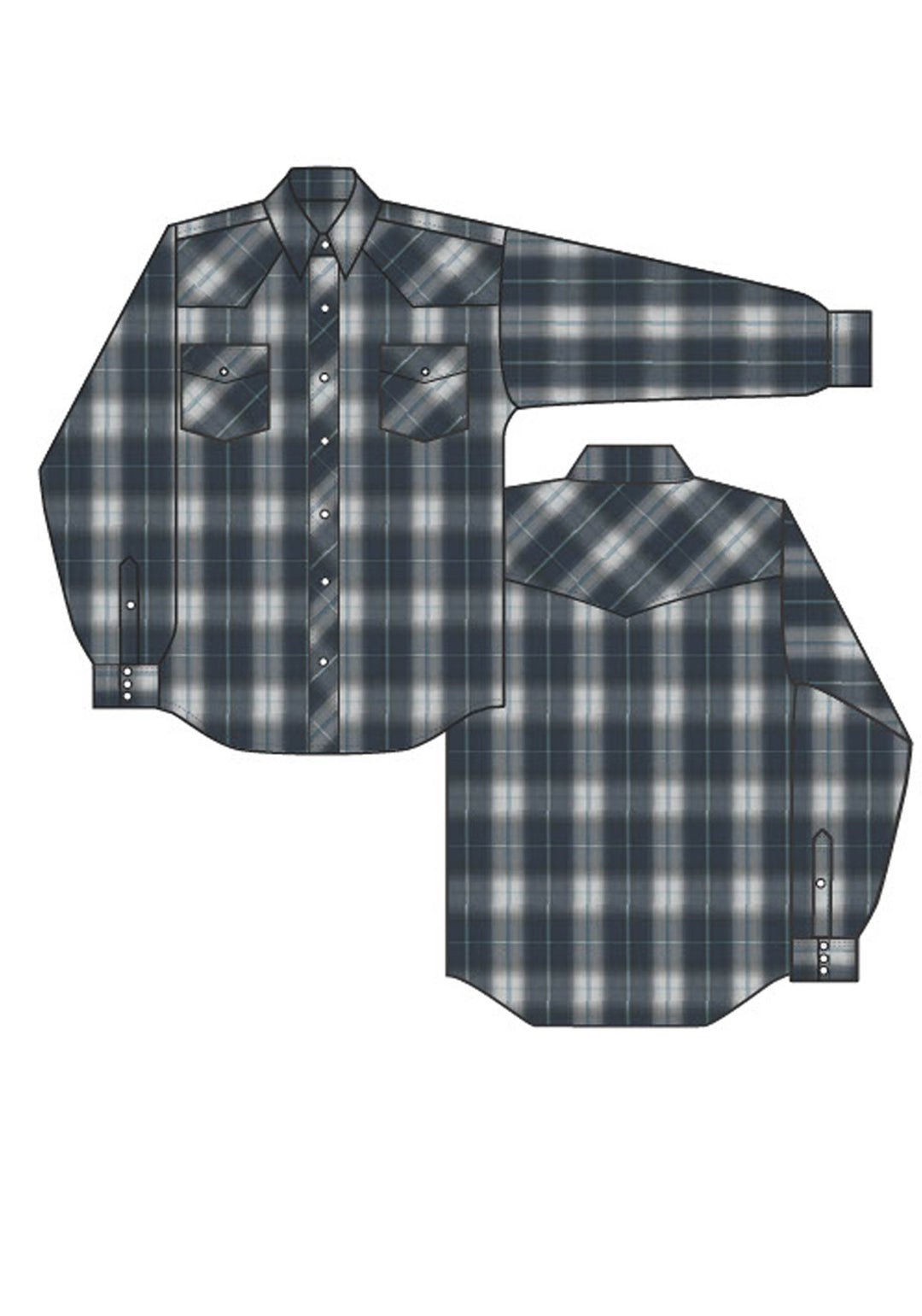 WOMENS LONG SLEEVE SNAP NAVY GREY LTBLUE LG SCALE PLAID WESTERN SHIRT