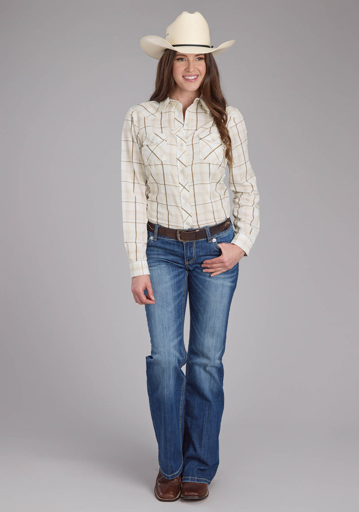WOMENS NEUTRAL PLAID LONG SLEEVE SNAP WESTERN SHIRT