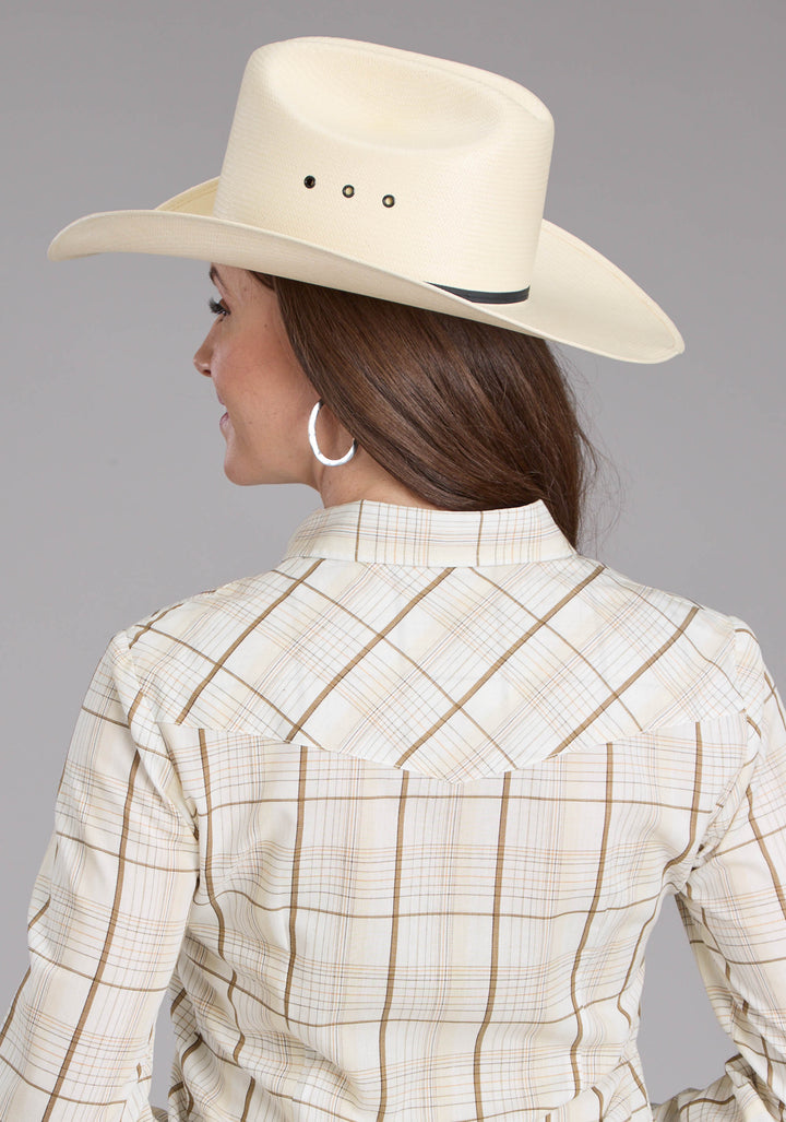 WOMENS NEUTRAL PLAID LONG SLEEVE SNAP WESTERN SHIRT