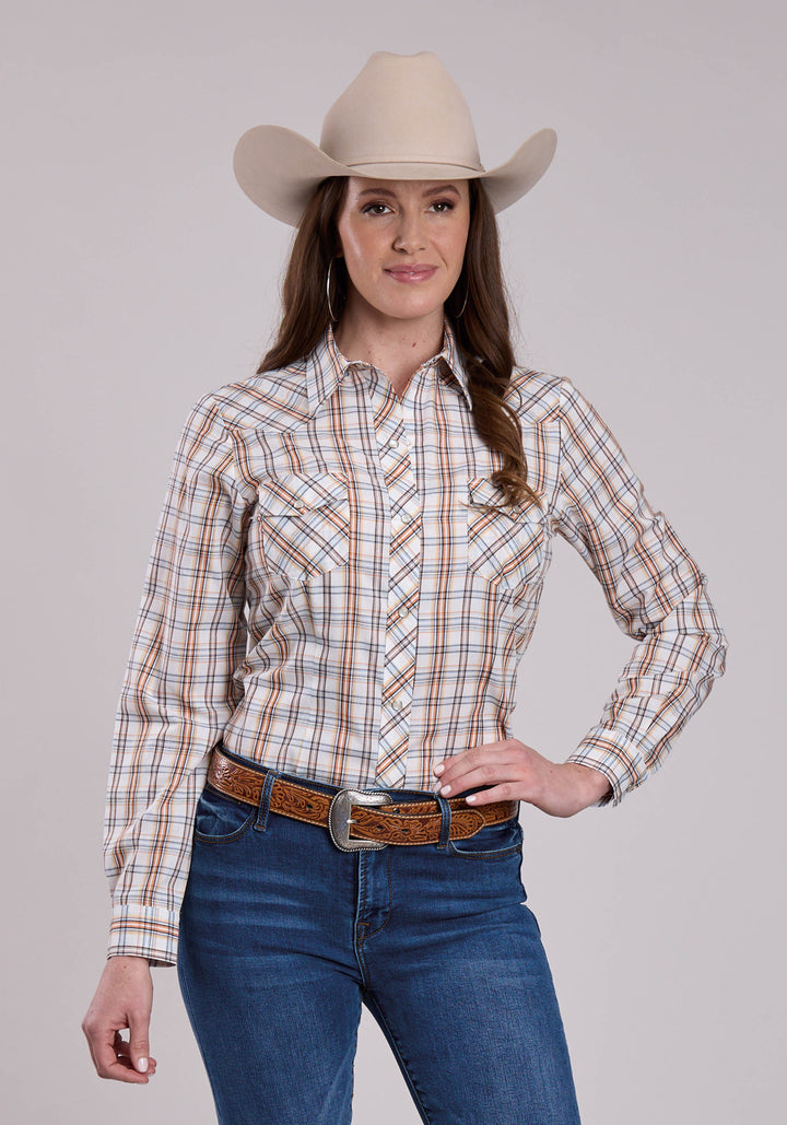 WOMENS ROPER CREAM  ORANGE PLAID LONG SLEEVE SNAP SHIRT
