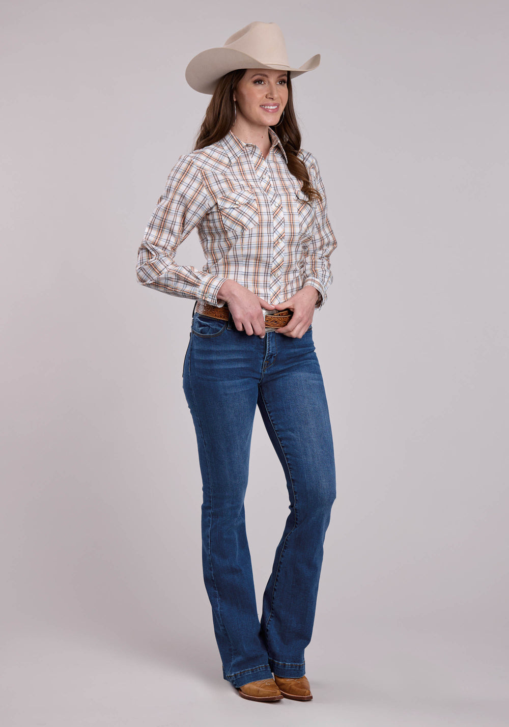 WOMENS ROPER CREAM  ORANGE PLAID LONG SLEEVE SNAP SHIRT