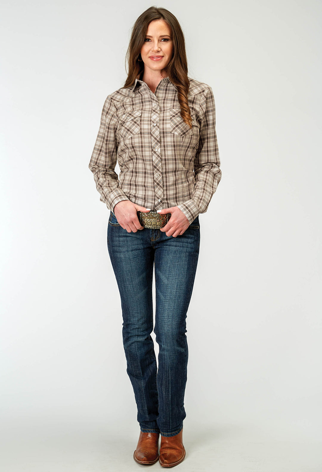 WOMENS LONG SLEEVE SNAP DESERT PLAID WESTERN SHIRT