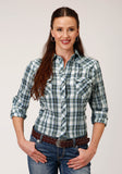 WOMENS LONG SLEEVE SNAP OLIVE  BLUE AND CREAM PLAID WESTERN SHIRT