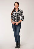 WOMENS LONG SLEEVE SNAP BLACK  CHARCOAL  AND WHITE PLAID WESTERN SHIRT