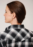 WOMENS LONG SLEEVE SNAP BLACK  CHARCOAL  AND WHITE PLAID WESTERN SHIRT