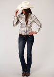 WOMENS LONG SLEEVE SNAP CREAM NAVY BROWN LARGE SCALE PLAID WESTERN SHIRT