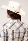 WOMENS LONG SLEEVE SNAP CREAM NAVY BROWN LARGE SCALE PLAID WESTERN SHIRT