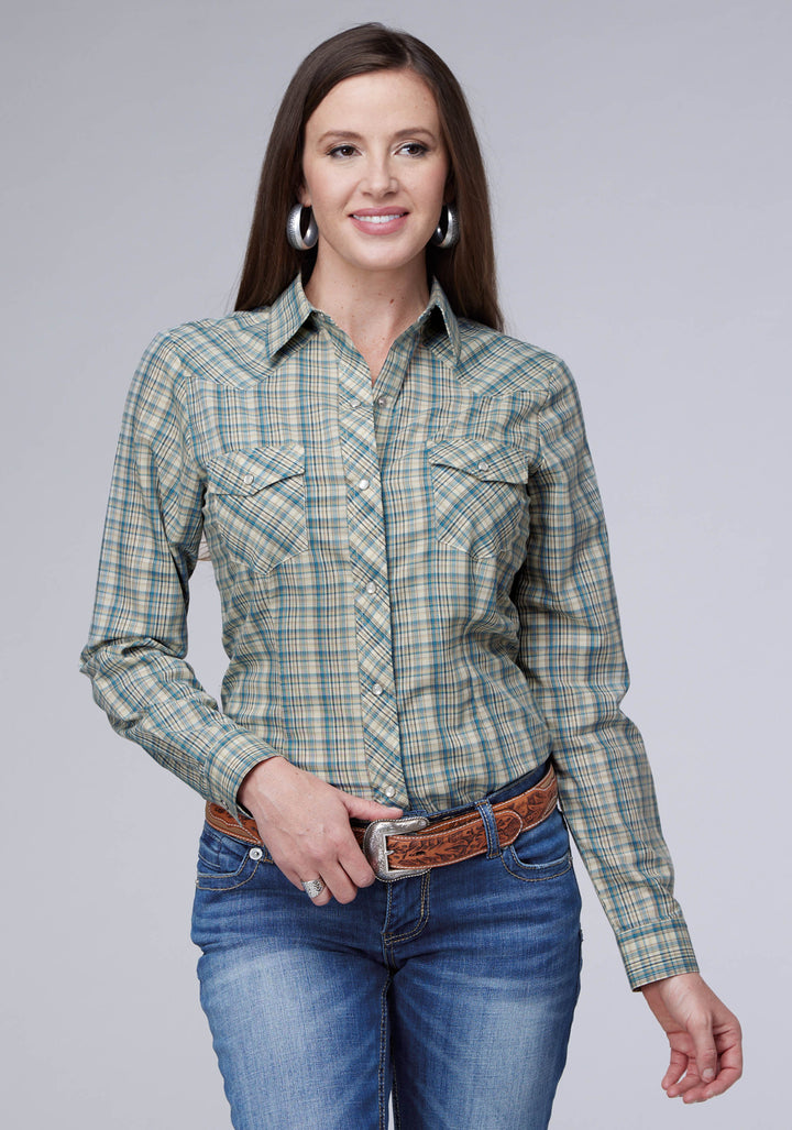 WOMENS CREAM TEAL AND TAN PLAID LONG SLEEVE SNAP WESTERN SHIRT