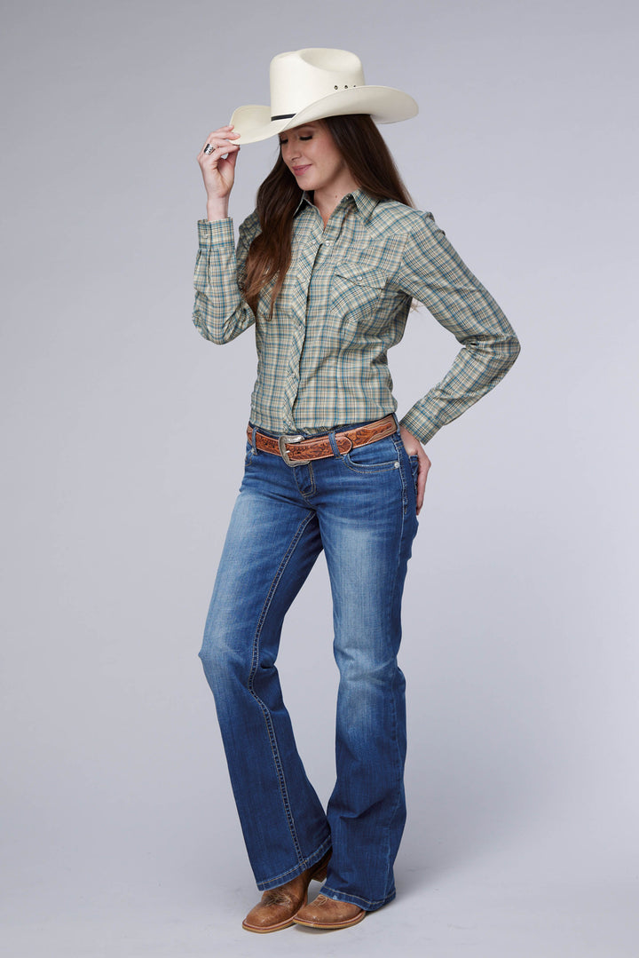 WOMENS CREAM TEAL AND TAN PLAID LONG SLEEVE SNAP WESTERN SHIRT