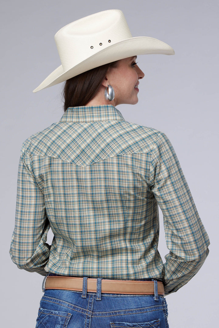 WOMENS CREAM TEAL AND TAN PLAID LONG SLEEVE SNAP WESTERN SHIRT