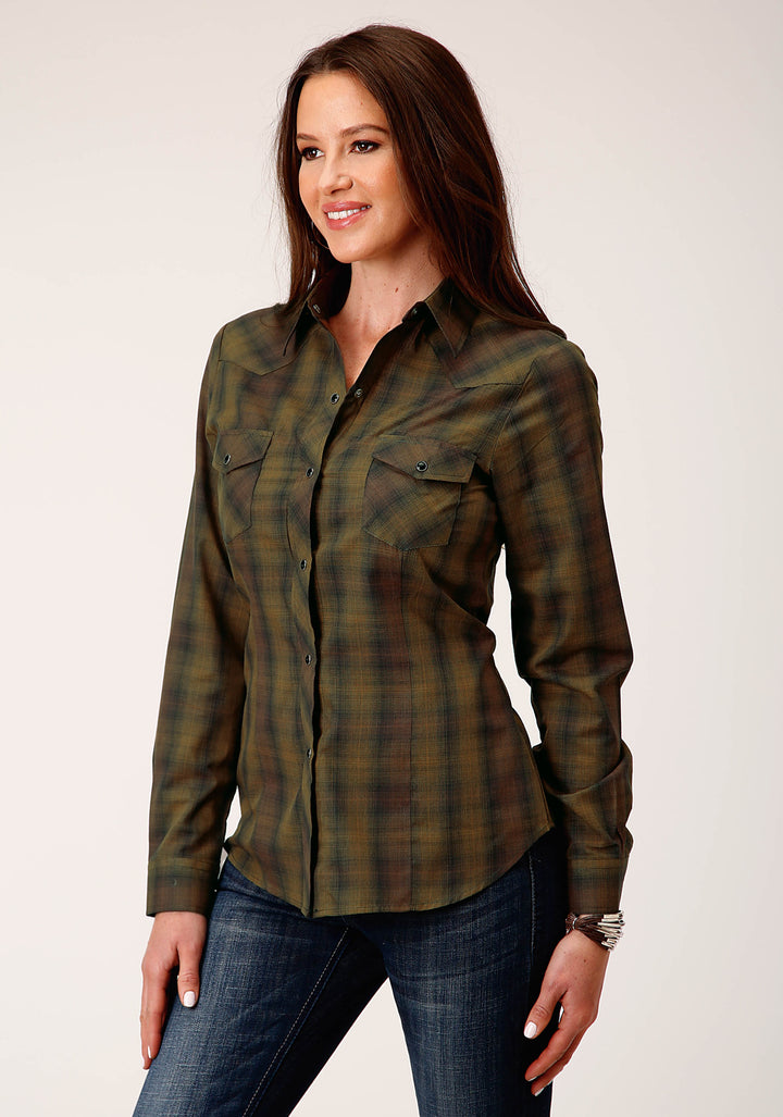 WOMENS LONG SLEEVE SNAP BLACK GOLD PLAID WESTERN SHIRT