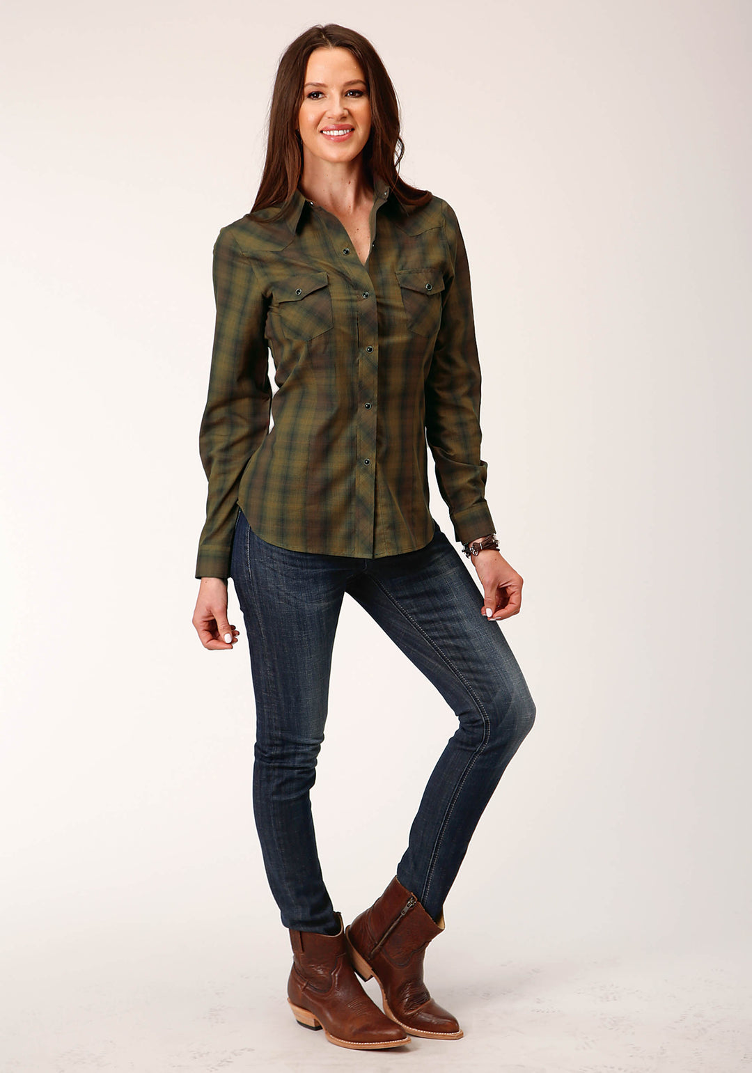 WOMENS LONG SLEEVE SNAP BLACK GOLD PLAID WESTERN SHIRT