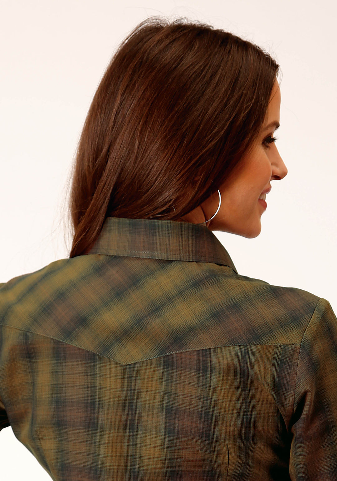 WOMENS LONG SLEEVE SNAP BLACK GOLD PLAID WESTERN SHIRT