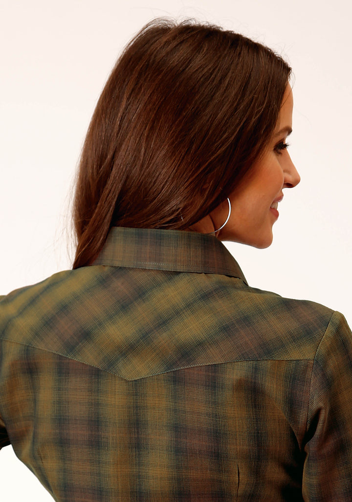 WOMENS LONG SLEEVE SNAP BLACK GOLD PLAID WESTERN SHIRT