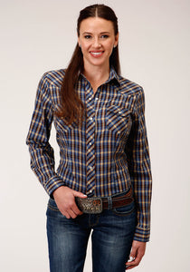 WOMENS LONG SLEEVE SNAP ROYAL  BROWN AND YELLOW PLAID WESTERN SHIRT