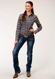 WOMENS LONG SLEEVE SNAP ROYAL  BROWN AND YELLOW PLAID WESTERN SHIRT