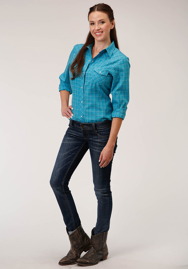 WOMENS LONG SLEEVE SNAP TURQUOISE BLACK AND ORANGE WINDOWPANE PLAID WESTERN SHIRT