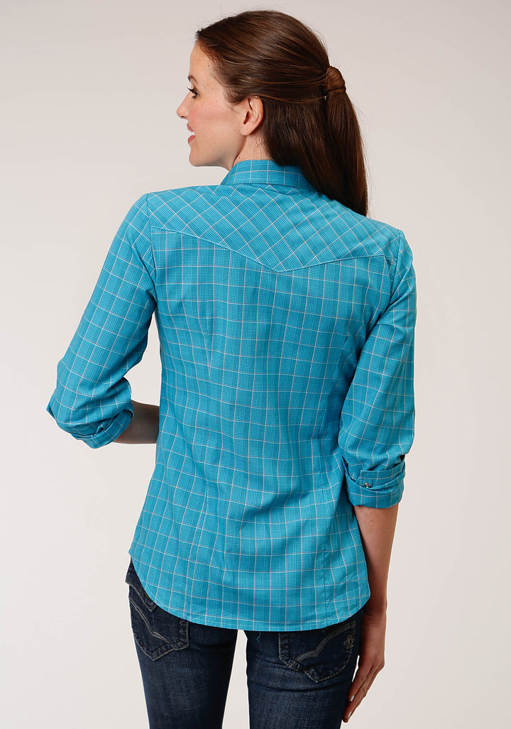 WOMENS LONG SLEEVE SNAP TURQUOISE BLACK AND ORANGE WINDOWPANE PLAID WESTERN SHIRT