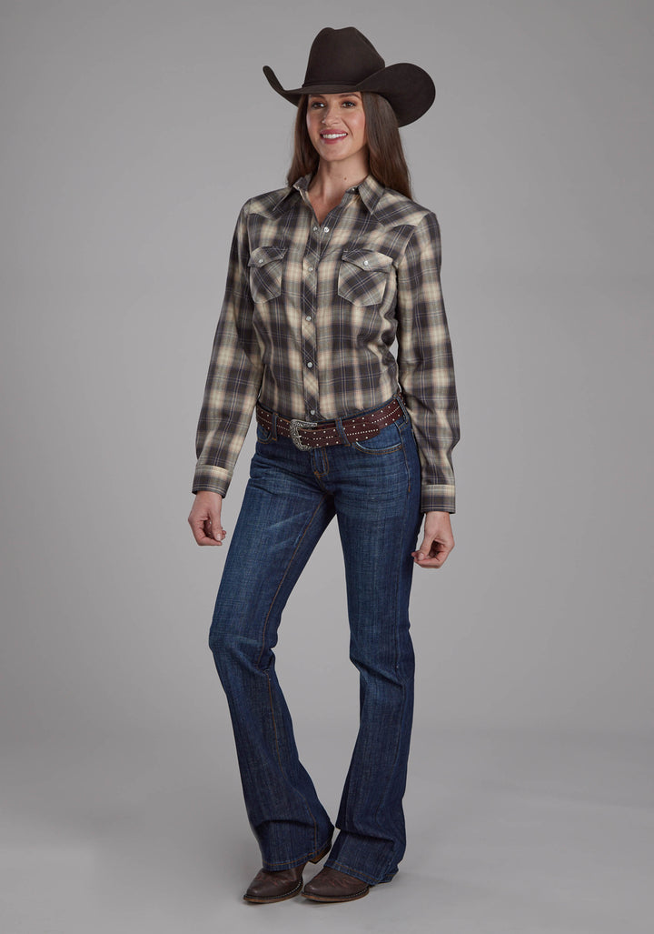 WOMENS GRAY, AND TAN PLAID LONG SLEEVE SNAP WESTERN SHIRT