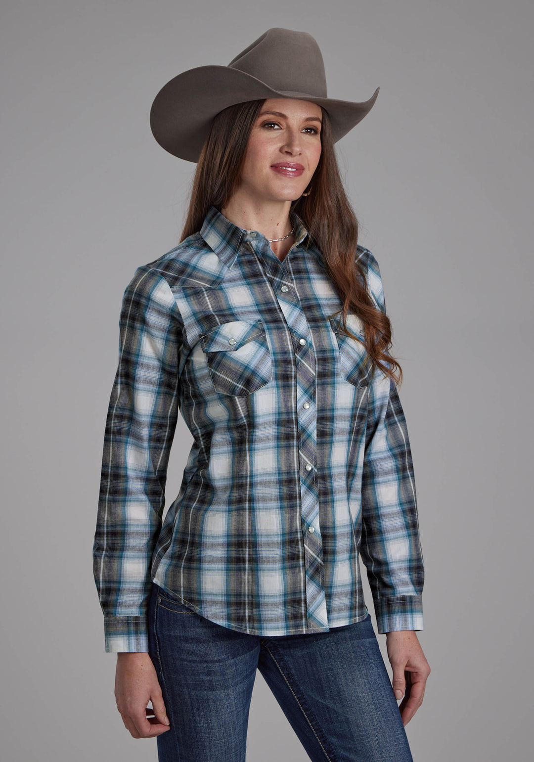 WOMENS NAVY, TEAL, AND WHITE PLAID LONG SLEEVE SNAP WESTERN SHIRT