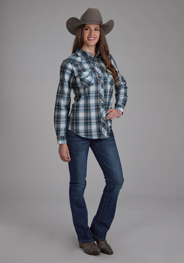 WOMENS NAVY, TEAL, AND WHITE PLAID LONG SLEEVE SNAP WESTERN SHIRT