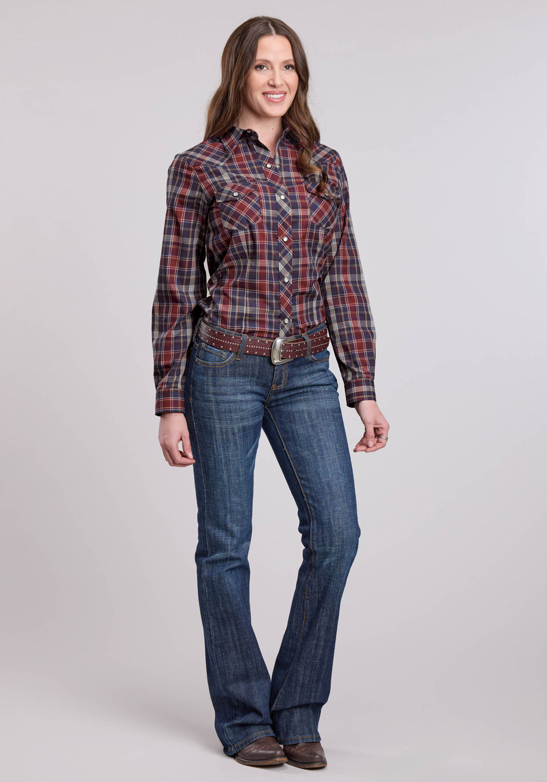 WOMENS LONG SLEEVE SNAP NAVY WINE TAN PLAID WESTERN SHIRT