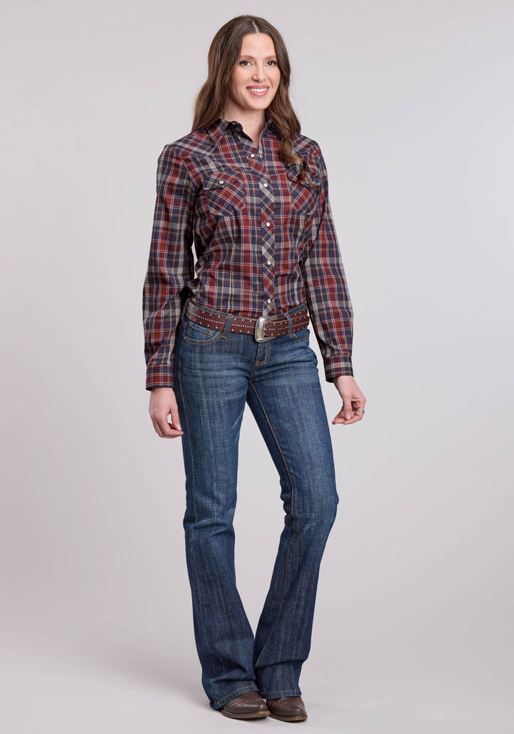 WOMENS LONG SLEEVE SNAP NAVY WINE TAN PLAID WESTERN SHIRT