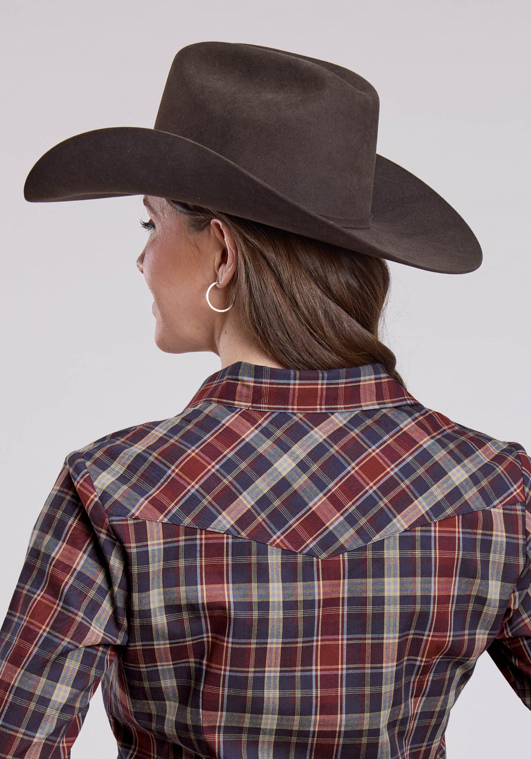 WOMENS LONG SLEEVE SNAP NAVY WINE TAN PLAID WESTERN SHIRT