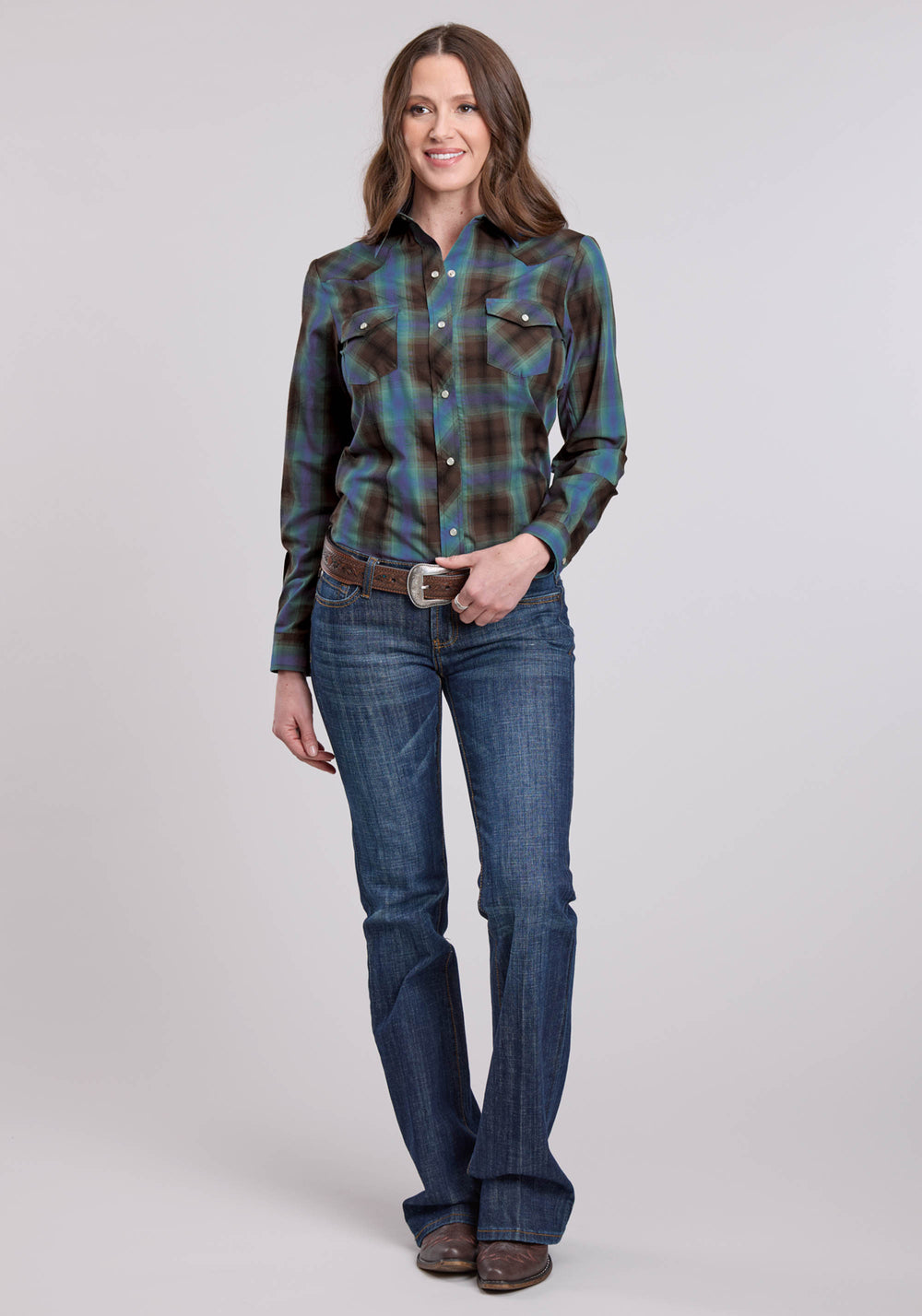 WOMENS LONG SLEEVE SNAP TURQUOISE COBALT CHOCOLATE PLAID WESTERN SHIRT