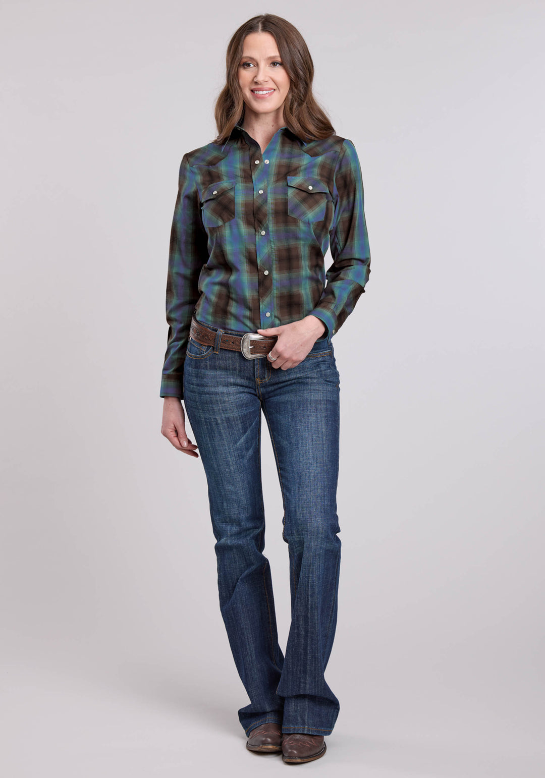 WOMENS LONG SLEEVE SNAP TURQUOISE COBALT CHOCOLATE PLAID WESTERN SHIRT