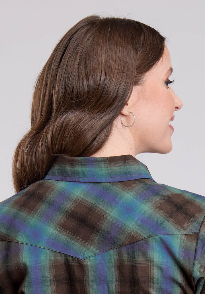 WOMENS LONG SLEEVE SNAP TURQUOISE COBALT CHOCOLATE PLAID WESTERN SHIRT