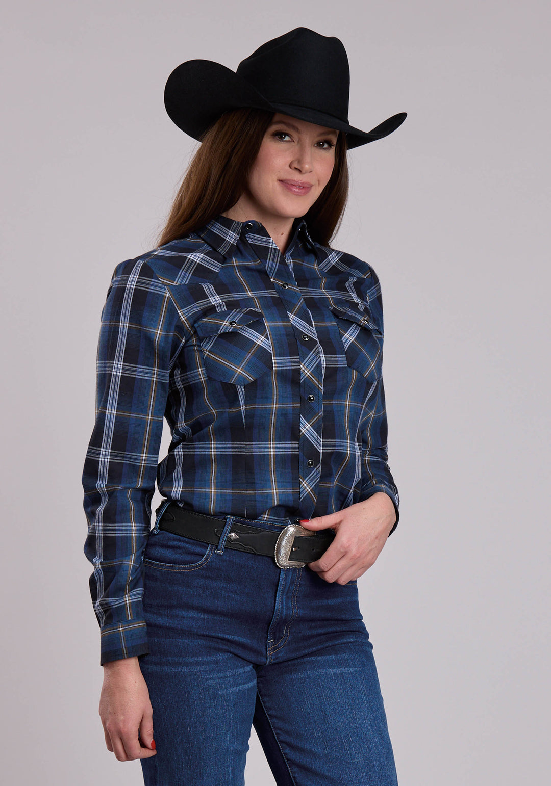 WOMENS ROPER BLUE AND BLACK AND TAN PLAID WESTERN SNAP SHIRT