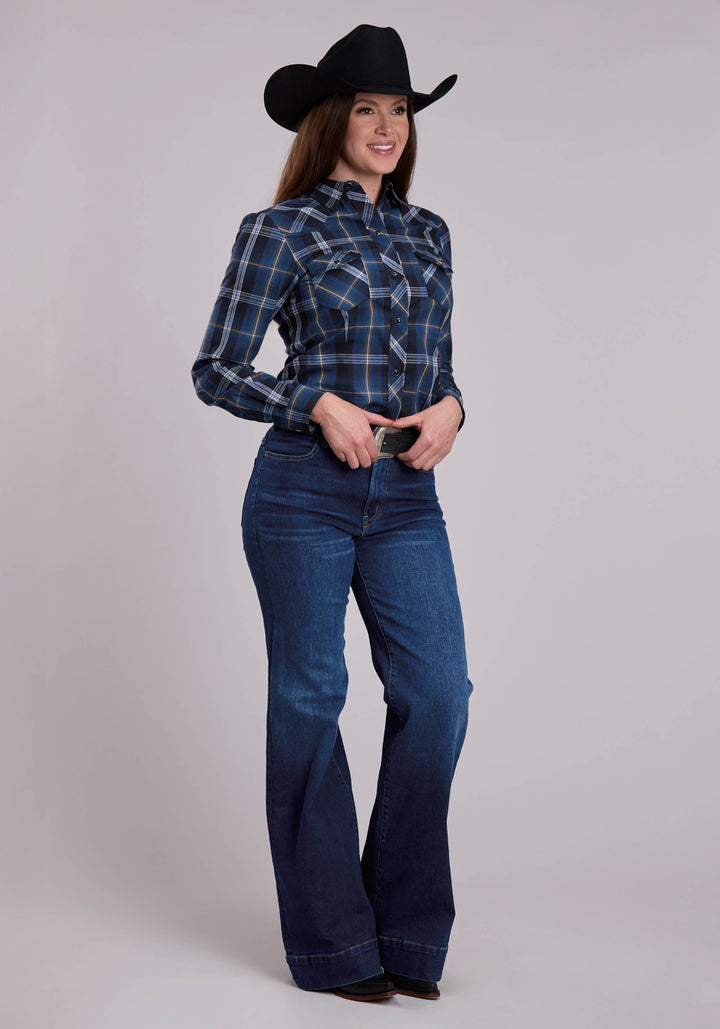 WOMENS ROPER BLUE AND BLACK AND TAN PLAID WESTERN SNAP SHIRT