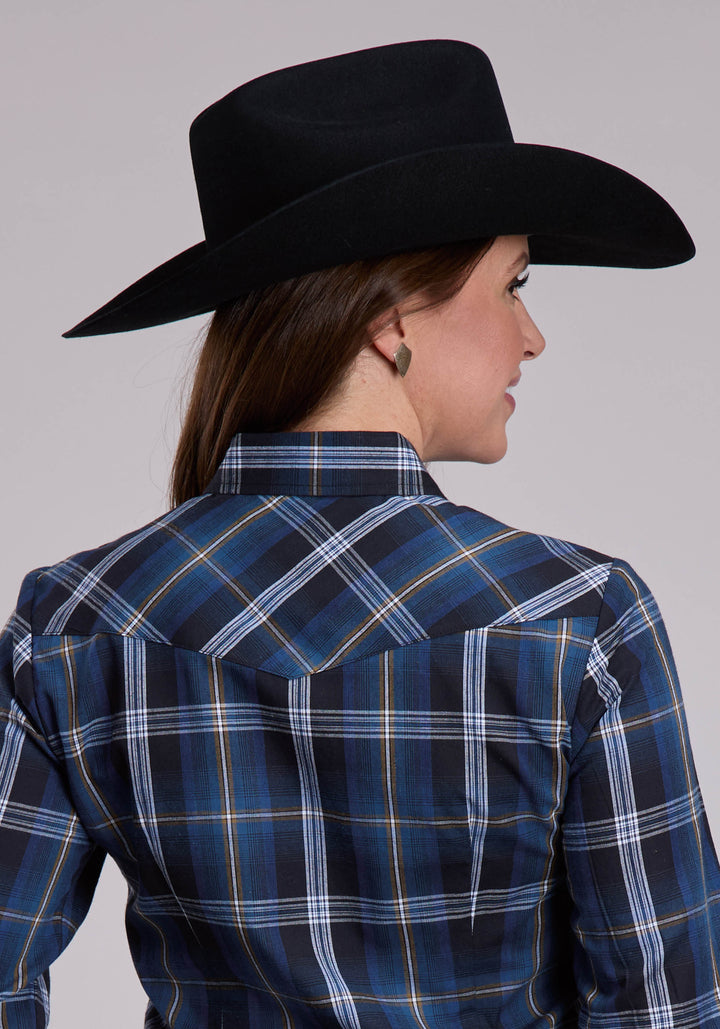 WOMENS ROPER BLUE AND BLACK AND TAN PLAID WESTERN SNAP SHIRT