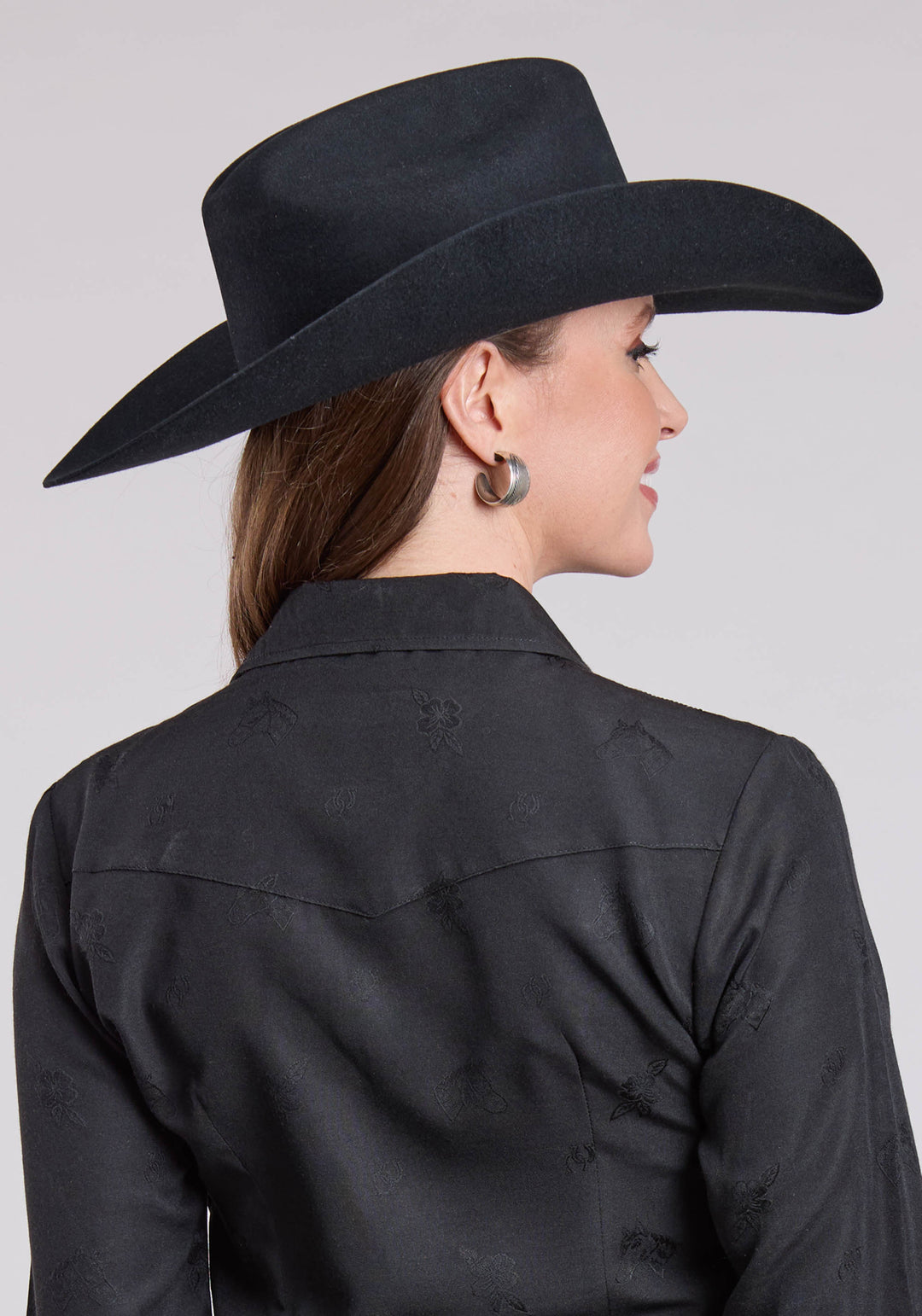 WOMENS LONG SLEEVE SNAP BLACK HORSE  FLOWER TONE ON TONE WESTERN SHIRT