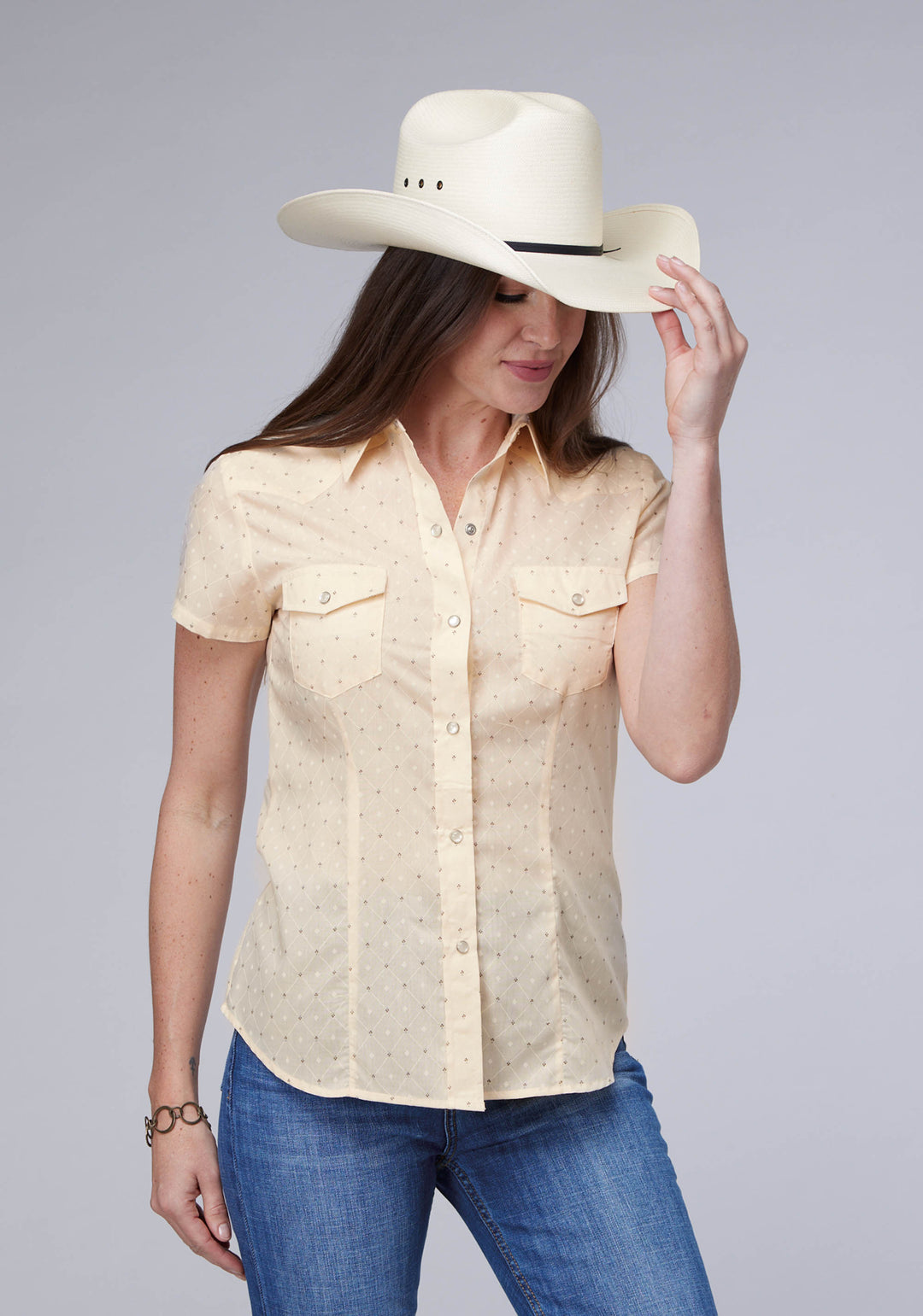 WOMENS CREAM WHITE DIAMOND WALLPAPER PRINT SHORT SLEEVE SNAP WESTERN SHIRT