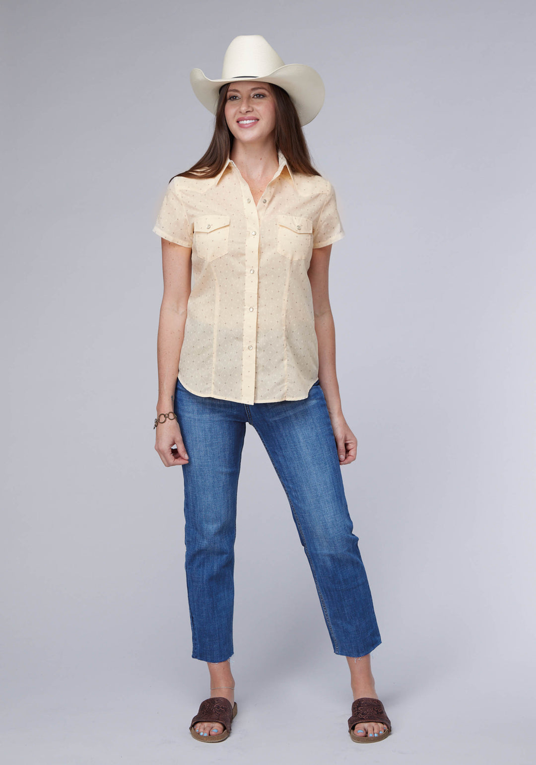 WOMENS CREAM WHITE DIAMOND WALLPAPER PRINT SHORT SLEEVE SNAP WESTERN SHIRT
