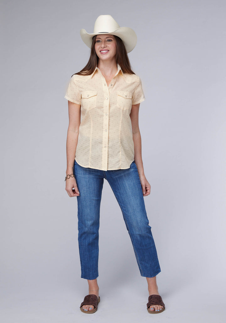 WOMENS CREAM WHITE DIAMOND WALLPAPER PRINT SHORT SLEEVE SNAP WESTERN SHIRT