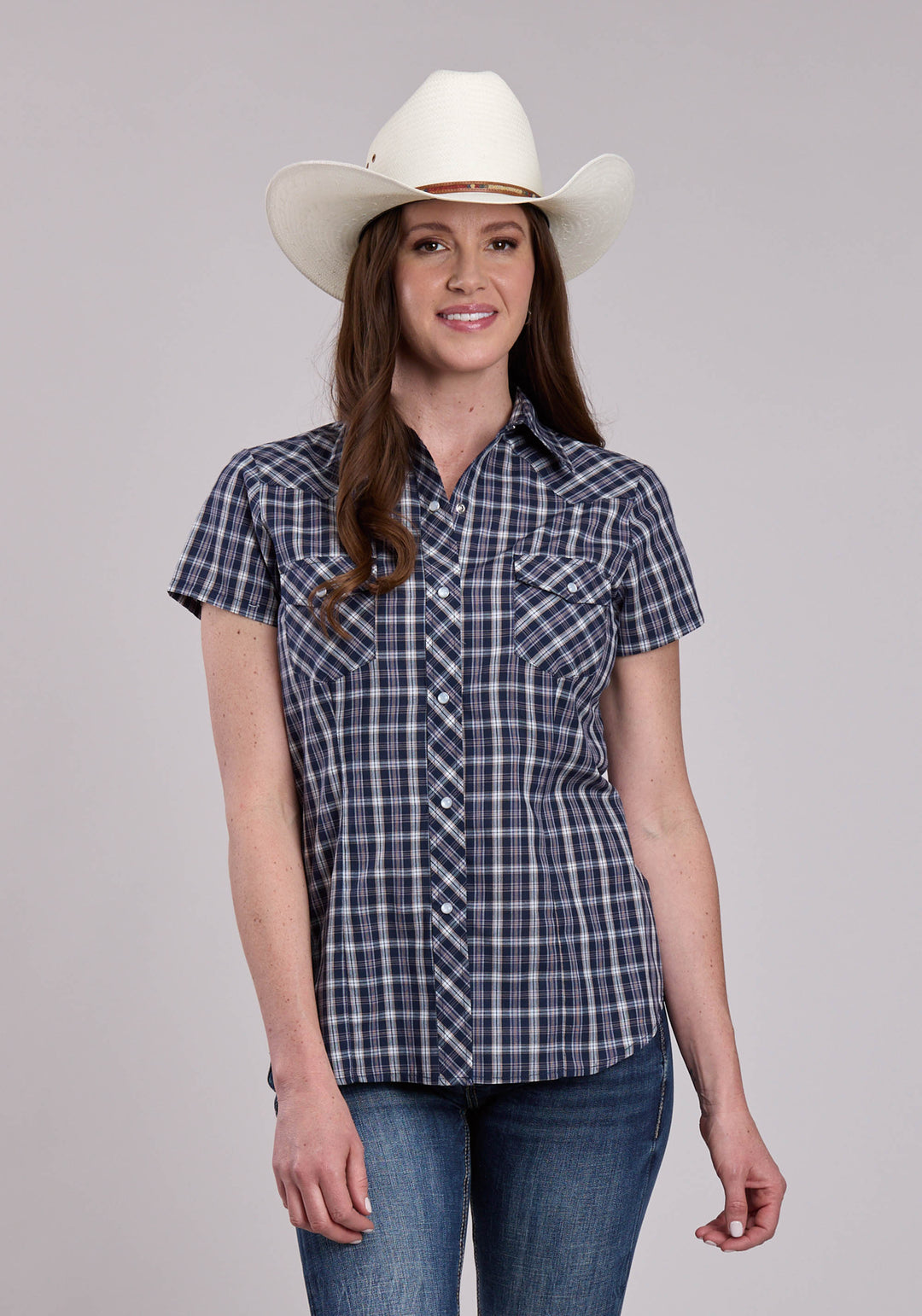 WOMENS ROPER NAVY PLAID SHORT SLEEVE SNAP SHIRT